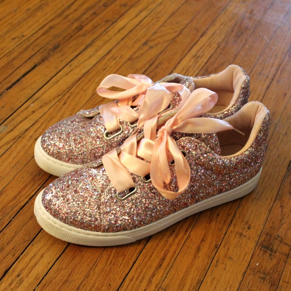 pink glitter shoes with ribbon laces